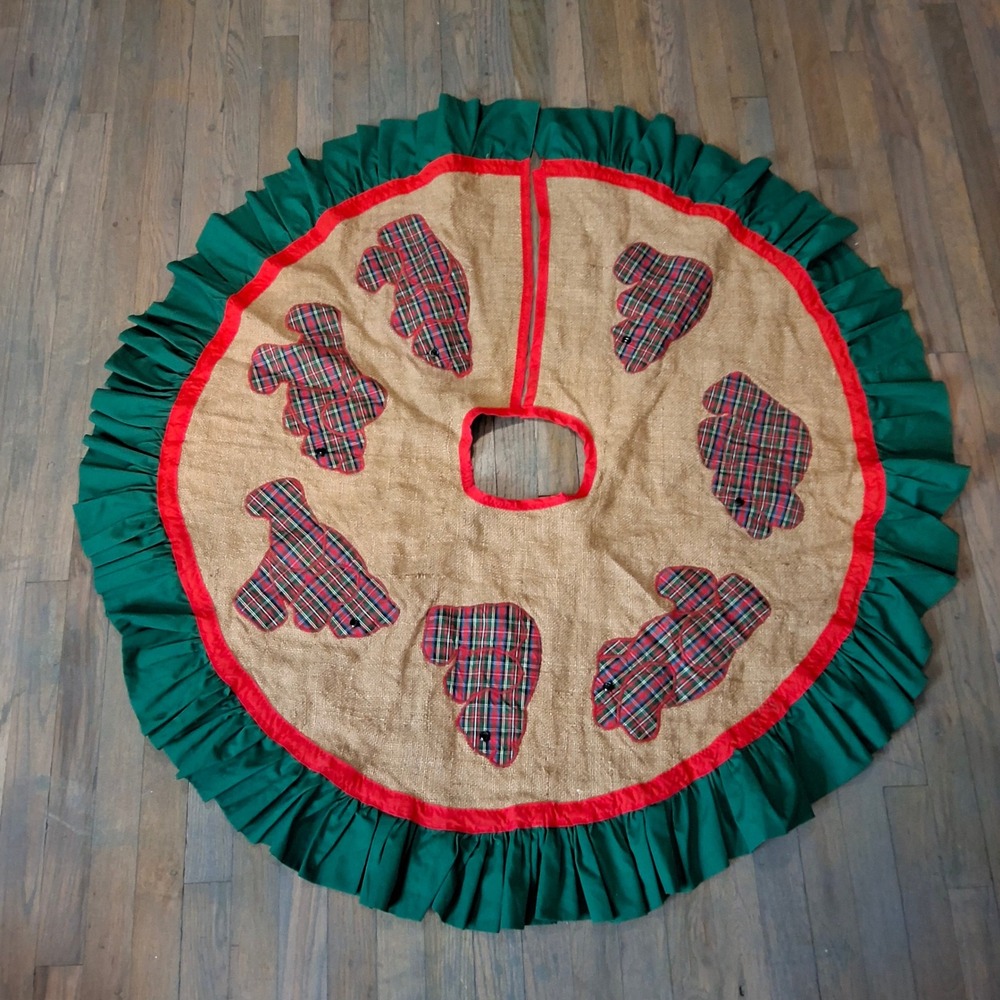 Artisan Handmade Teddy Bear Applique Tartan Ruffle Burlap Christmas Tree Skirt